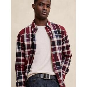 BANANA REPUBLIC MENS PLAID SLIM SOFTWASH COTTON SHIRT IN BURDUNDY- LARGE TALL